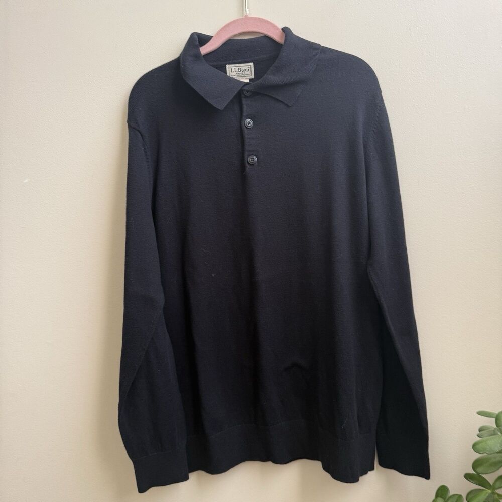 LL BEAN Black Long Sleeve Pullover Cotton Cashmere Henley Sweater Size Large